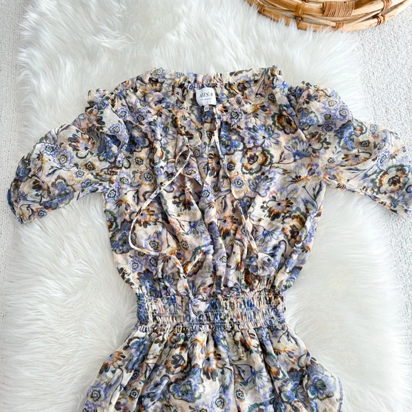 Misa Las Angles Kayla Mini Dress Sketched Floral Smocked Tie Neck - Picture 13 of 16